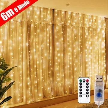 3/4/6M USB LED Cortina Cadena Luces, Luces de Hadas para Bodas de Vacaciones, Luces de Guirnalda para Dormitorio Hogar, Control Remoto, Decoraciones de Navidad Acción de Gracias Halloween