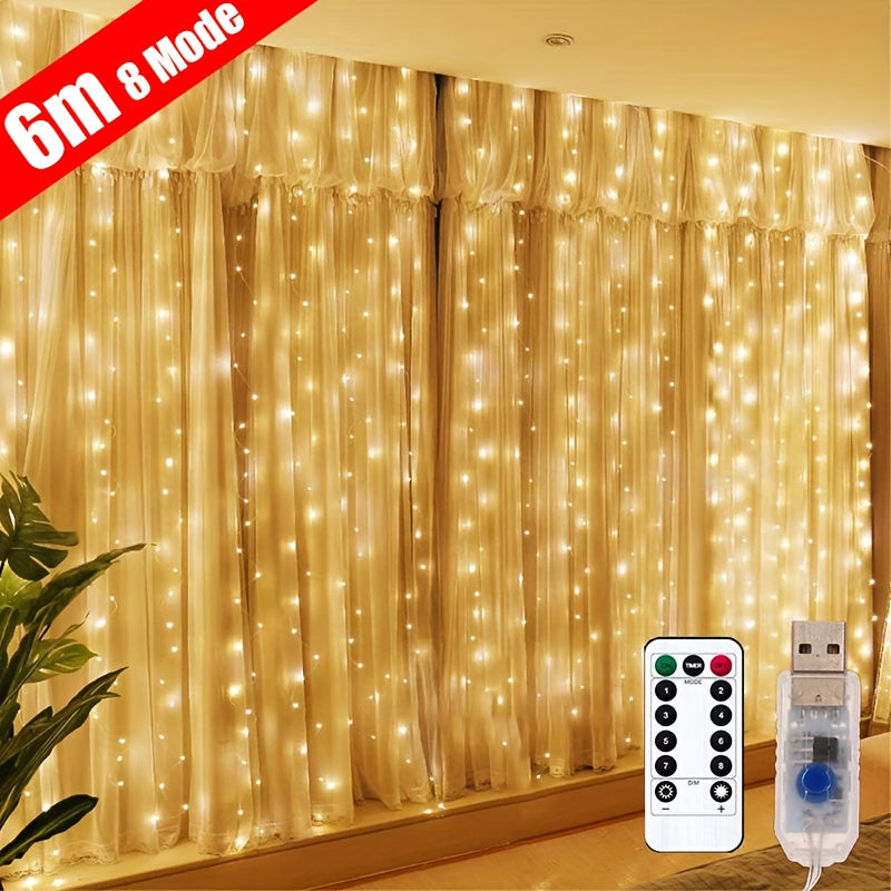 3/4/6M USB LED Cortina Cadena Luces, Luces de Hadas para Bodas de Vacaciones, Luces de Guirnalda para Dormitorio Hogar, Control Remoto, Decoraciones de Navidad Acción de Gracias Halloween