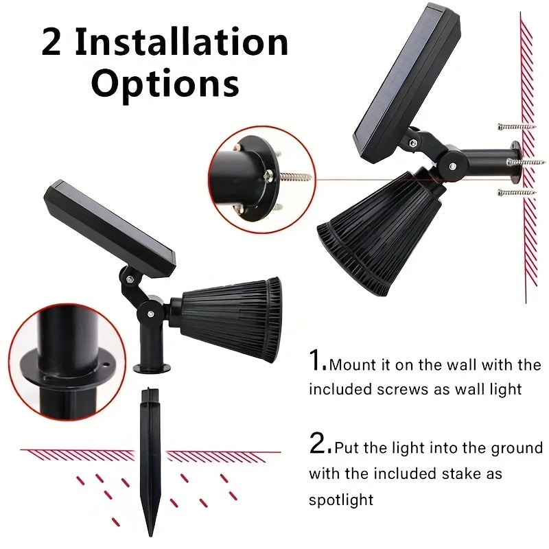 2 piezas de luces solares de 9 LED, IP65, impermeables, exteriores, RGB, solares, de paisaje, con brillo ajustable para jardines, patios, árboles, garajes, patios traseros, decoración de césped, farolas de calle, luces de foco.