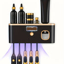 Portacepillos inteligente con luz UV, organizador de baño sin taladro, carga USB, 4 compartimentos coloridos, diseño blanco moderno para cepillos de dientes e hilo dental, instalación sin perforaciones, estética contemporánea