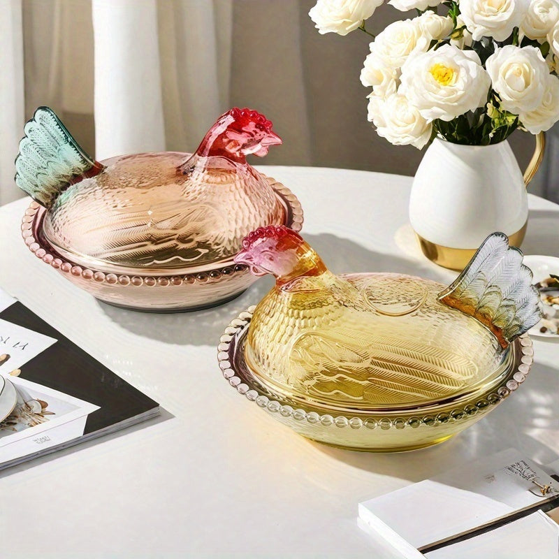 Tarro de Cristal con Forma de Gallo Elegante y Tapa - Diseño Intrincado en Rosa, Verde y Amarillo - Ideal para Dulces, Snacks o Decoración de Mesa - Lavado a Mano Únicamente - Apto para Todas las Estaciones