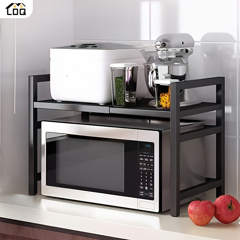 Estante de cocina metálico ajustable LDQ, soporte de microondas telescópico de 32-64cm con 6 ganchos, ajustable en altura, capacidad de 30kg, acabado pintado, doble propósito para cocinas comerciales y domésticas, estante de especias, comercial
