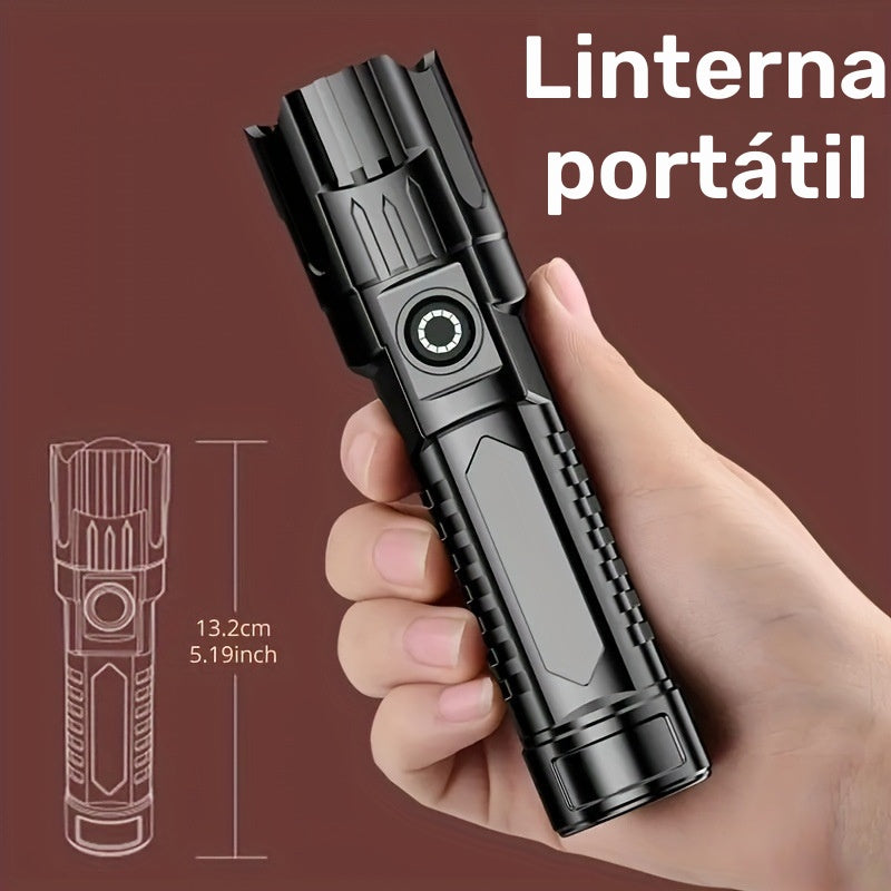 Una linterna super brillante, recargable por USB, con enfoque retráctil, haz ancho, linterna de iluminación de emergencia portátil, adecuada para exteriores, exploración y iluminación de trabajo.