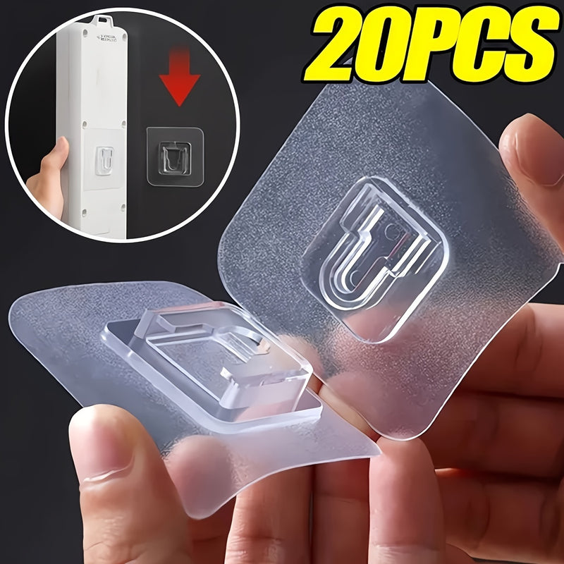 20 piezas de soporte de tablero de alimentación de pared de plástico de moda con fácil instalación, hebilla de enclavamiento transparente, sujetador adhesivo sin taladrar sin costuras para baño y puerta, ganchos utilitarios
