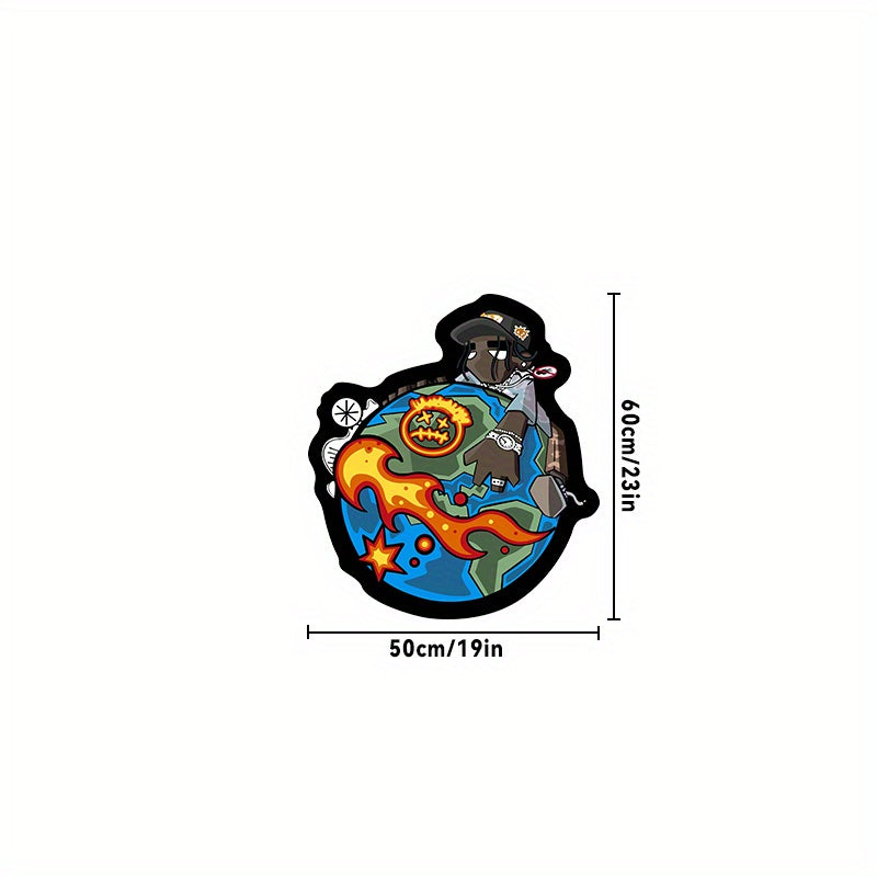 1 alfombra redonda inspirada en el hip hop - Diseño de personajes de dibujos animados vibrantes con llamas, estrellas y motivos de la Tierra, alfombra de poliéster negro y azul para dormitorio o sala de estar, alfombra de área para interiores | Acento de
