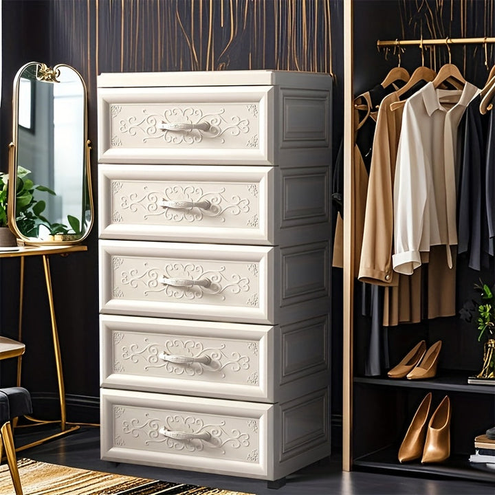 Armario de ropa de cinco capas de plástico, 50CM con ruedas, caja de almacenamiento de gran capacidad, organizador de vestuario, multiusos, no impermeable, forma rectangular