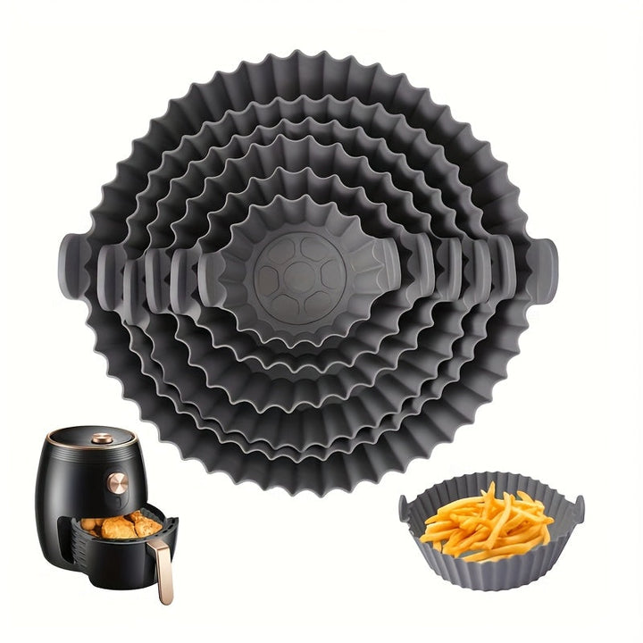 Juego de 6 bandejas reutilizables de silicona para freidoras de aire, con superficie antiadherente y bordes festoneados para distribución uniforme del calor, fáciles de limpiar en el lavavajillas - Gris