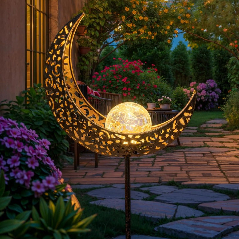 Luces Solares para Jardín Decorativas, Lámpara de Vidrio Craquelado Luna Hada, LED Blanco Cálido Impermeable con Estaca Metálica - Ideal para Caminos, Patios y Césped - Regalo Único para Jardineros