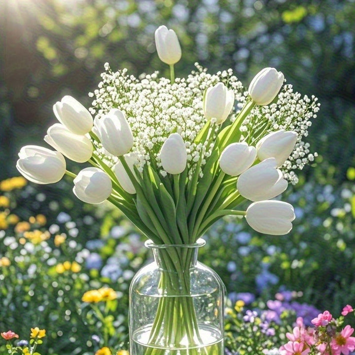20/30 Tallos de Ramo Artificial de Gypsophila y Tulipanes Blancos - Flores Falsas con Textura Real para Bodas/Fiestas/Domésticos/Otros Decorativos, Centros de Mesa DIY, Regalos para el Día de la Madre/San Valentín/Graduacións, Sin Necesidad de Jarrón (De