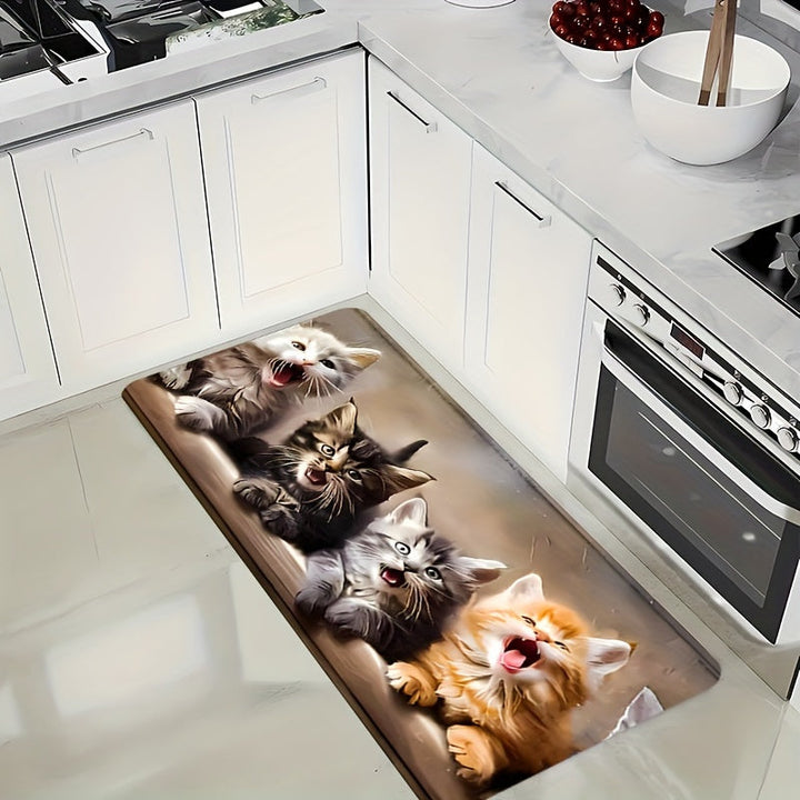 1PC Alfombra de corredor rectangular de punto de poliéster con respaldo antideslizante, lavable a máquina, pelo bajo, patrón de gato suave para cocina, sala de estar, dormitorio, baño, oficina - Alfombra de suelo cómoda y de aspecto fresco