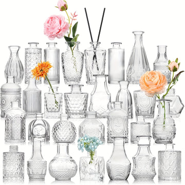 Juego de 10/20/25/30 Jarrones de Vidrio Transparente con Relieve para Arreglos Florales, Adecuado para Decorar Bodas, Escritorios de Oficina, Salas de Estar, Cocinas, Mesas de Comedor, Fiestas, Decoraciones para Cenas a la Luz de las Velas