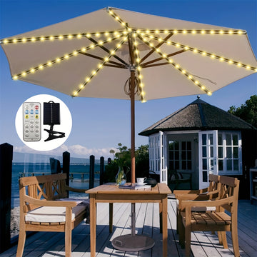 1pc Sombrilla Solar con Luz, Gran Sombrilla Rectangular para Exterior con Base y Soporte, Diseño Doble Cara con 104 Luces LED Solares, 8 Modos de Iluminación Control Remoto, Blanco Cálido para Jardín o Piscina, Beige, Incluye Batería