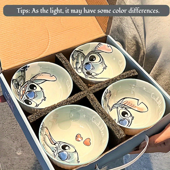 Juego de 4 tazones de cerámica con diseño de Stitch, 11.8 oz, platos redondos para cereal, sopa, postres, frutas y ensaladas - vajilla de cocina, ideales como regalo para amigos y familia