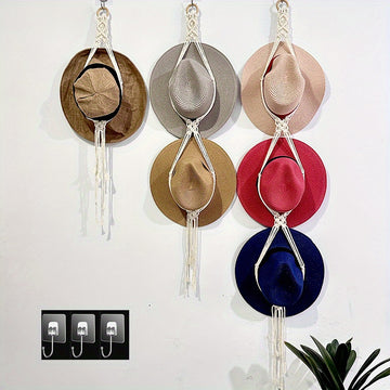 Conjunto de 1/3 perchas para sombreros macramé estilo bohemio para pared, organizador de estante para mujeres bohemia, expositor colgante de tejido manual decorativo para gorros de ala ancha