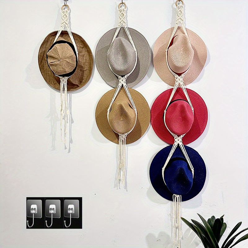 Conjunto de 1/3 perchas para sombreros macramé estilo bohemio para pared, organizador de estante para mujeres bohemia, expositor colgante de tejido manual decorativo para gorros de ala ancha