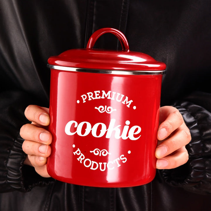 1pc Tarro de Galletas de Esmalte con Tapa Abatible, Reutilizable, Apto para Lavavajillas, Forma Redonda, Perfecto para Regalos de Navidad y Almacenamiento de Cocina