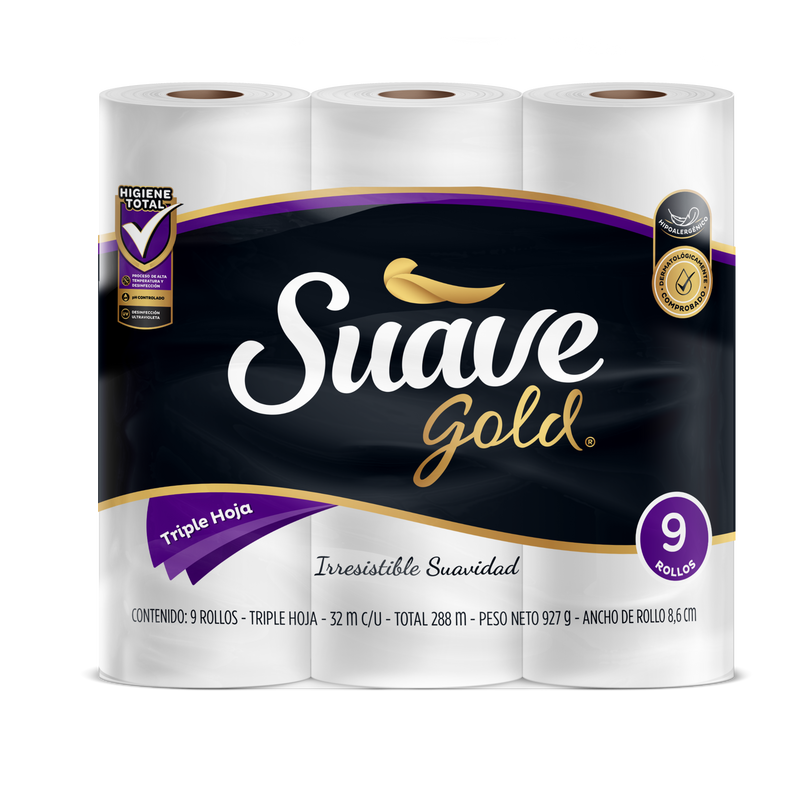 PAPEL HIGIENICO SUAVEGOLD 9U 3 HOJAS 32MTS