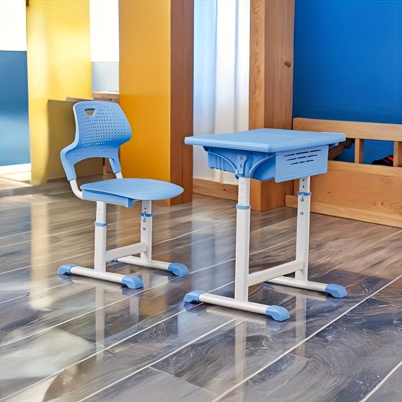 Juego de mesa y silla de estudio ergonómica ajustable - Marco de metal duradero, azul y blanco, ideal para el hogar, la escuela o el entrenamiento, escritorio escolar | Altura ajustable | Diseño ergonómico, mesa de estudio