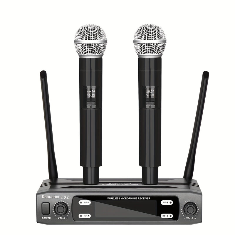 DEPUSHENG Sistema de Micrófono sin varillas Profesional 2/4 Canales con Sonido HD, Anti-Interferencias, Receptor Portátil y Pantalla LCD - Microfónos Mano/Cuello/Cabeza para KTV, Escenarios, Reuniones (Alimentado por Batería, Enchufe US), Micrófono Portá