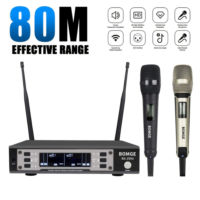 Sistema profesional de micrófonos inalámbricos UHF de 2 canales BOMGE, con 2 micrófonos de mano metálicos multicolor y receptor de frecuencia ajustable, ideal para iglesias, karaoke, presentaciones de DJ, KTV y podcast