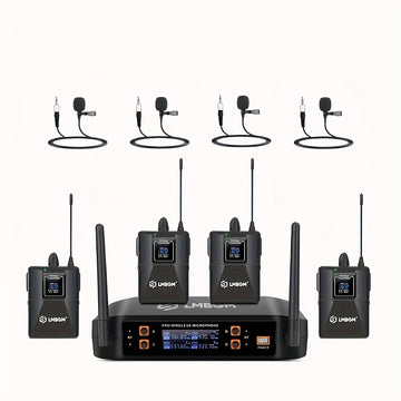 Sistema de micrófono inalámbrico LMBGM Pro 4 canales 4 Bodypacks Lavalier 4 Micrófonos de solapa 4 Auriculares para sistema de karaoke Iglesia Hablando Conferencia Boda Fiesta.
