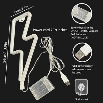 1pc Luz de neón relámpago, luz decorativa LED de doble alimentación por USB o batería, material plástico para colgar en la pared con control de interruptor, adecuada para salas de juegos, bares, fiestas, regalo de cumpleaños