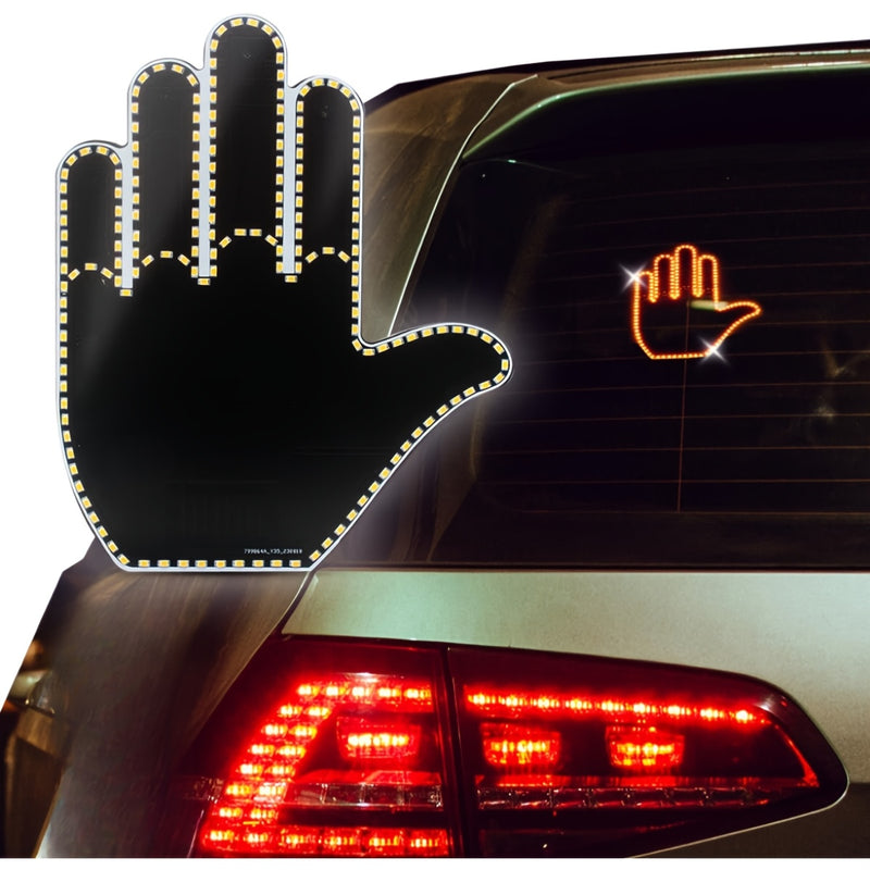 Gesto de mano negra LED luz de dedo para decoración de coche, con reflejos amarillos, no requiere baterías, perfecto para ventanas traseras de camiones y coches, y accesorios de camiones.