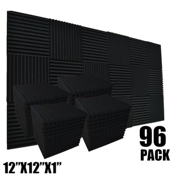 96 piezas de paneles acústicos de espuma negra VIBuilt, 30.48 cm x 30.48 cm x 2.54 cm - Baldosas insonorizadas de alta densidad para estudio, sala de música y sala de juegos, reducción de ruido, fácil instalación, duraderas y absorbentes, paneles insonor