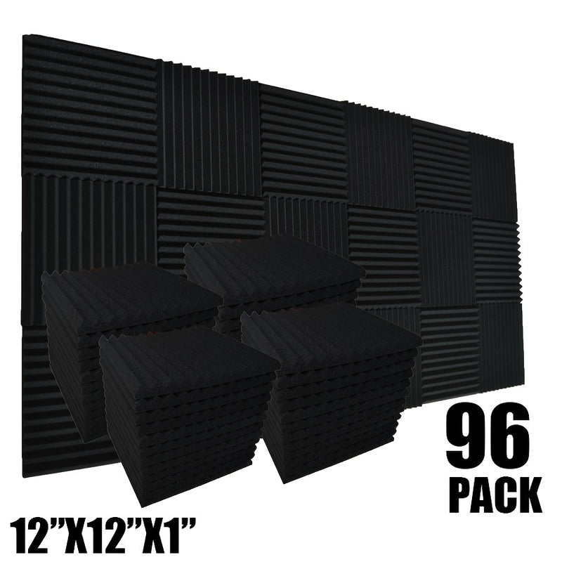 96 piezas de paneles acústicos de espuma negra VIBuilt, 30.48 cm x 30.48 cm x 2.54 cm - Baldosas insonorizadas de alta densidad para estudio, sala de música y sala de juegos, reducción de ruido, fácil instalación, duraderas y absorbentes, paneles insonor