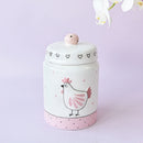 Tarro de Almacenamiento Elegante de Cerámica Rosa y Blanca con Diseño de Pollo en Relieve Bañado en Oro, Tapa con Perilla - Ideal para Galletas, Té y Objetos Pequeños | Solo Lavado a Mano