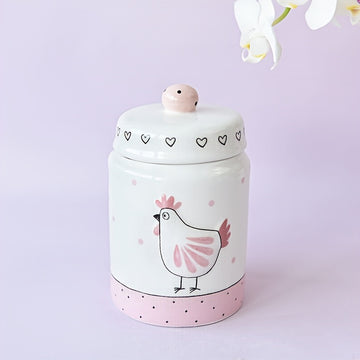 Tarro de Almacenamiento Elegante de Cerámica Rosa y Blanca con Diseño de Pollo en Relieve Bañado en Oro, Tapa con Perilla - Ideal para Galletas, Té y Objetos Pequeños | Solo Lavado a Mano
