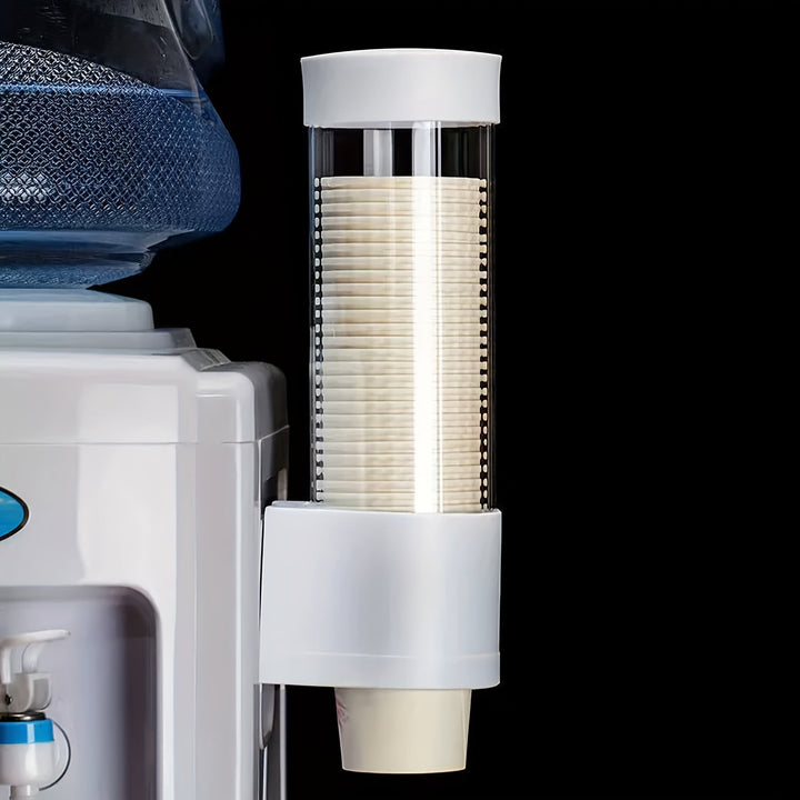 1 pieza de soporte para tazas desechables sin perforación para pared, resistente al polvo y al agua, dispensador automático de tazas, conveniente y rápido, almacenamiento de tazas desechables para hogar, oficina, hospital, suministros de baño.