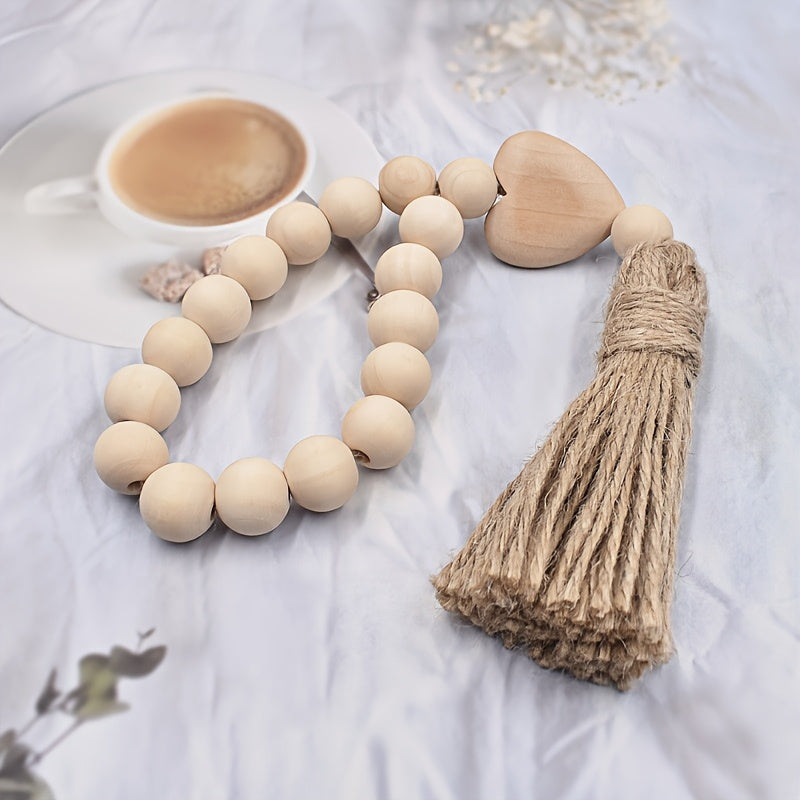1 pieza de guirnalda de cuentas de madera con borla en forma de corazón - Decoración romántica para el hogar en el Día de San Valentín, estilo moderno, cuentas de madera natural, no requiere batería, ideal para sala de estar o dormitorio.