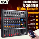 Consola de mezcla audio profesional de 6/8 canales con alimentación fantasma de 48V, USB y interfaces XLR/RCA, ideal para actuaciones en vivo, grabación de streaming y escenarios musicales