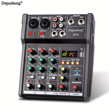 DEPUSHENG Mezclador de Audio Digital de 4 Canales para USB, MP3, Estudio de DJ Estéreo y Streaming – Consola de Sonido Profesional con Material ABS, Negro, Perillas y Botones Multifuncionales para Mezclar, Grabar y Reproducir, Equipo de DJ|Diseño Elegant