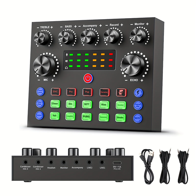 Interfaz de Audio V8S Pro con Efectos de Cambio de Voz - Alimentada por USB, Recargable de 500mAh, Tarjeta de Sonido ABS Negra para Grabación en PC, Canto, Streaming y Juegos, Incluye Conector para Micrófono y Auriculares