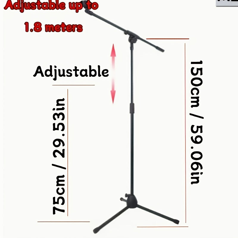 Soporte de micrófono negro ajustable de altura con brazo - Base de trípode de metal resistente para guitarra, Ergu y instrumentos - Perfecto para grabaciones y actuaciones, configuración de equipo de música, acabado metálico elegante, construcción durade