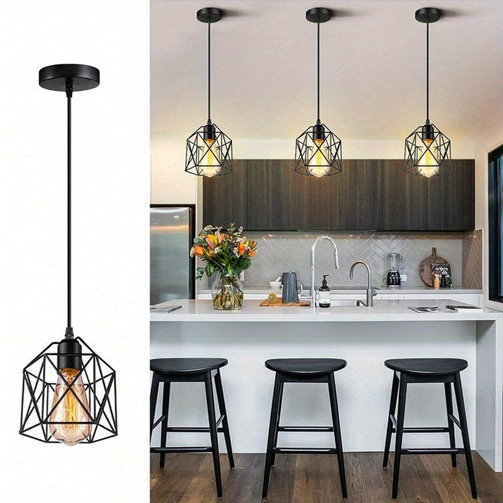 Lámpara colgante de estilo industrial E27 con base de tornillo negro - Candelabro de hierro rústico con diseño geométrico para cocina, bar, comedor y escalera, montaje semi-inclinado, cableado duro, 110-240V, no incluye bombilla, iluminación de cocina |