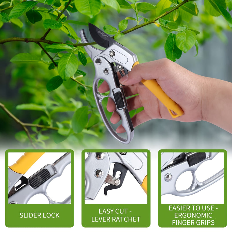 Tijeras de poda profesionales, tijeras de jardín de paso de oveja, hoja de acero, mango ergonómico, ratchet segmentado afilado, con bloqueo deslizante, para podar de manera eficiente, esenciales para el jardinería doméstico.