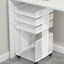 Un pequeño archivador debajo de la mesa, un estante móvil para el escritorio, práctico para libros y artículos.
