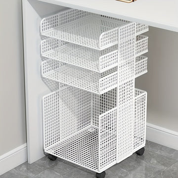 Un pequeño archivador debajo de la mesa, un estante móvil para el escritorio, práctico para libros y artículos.