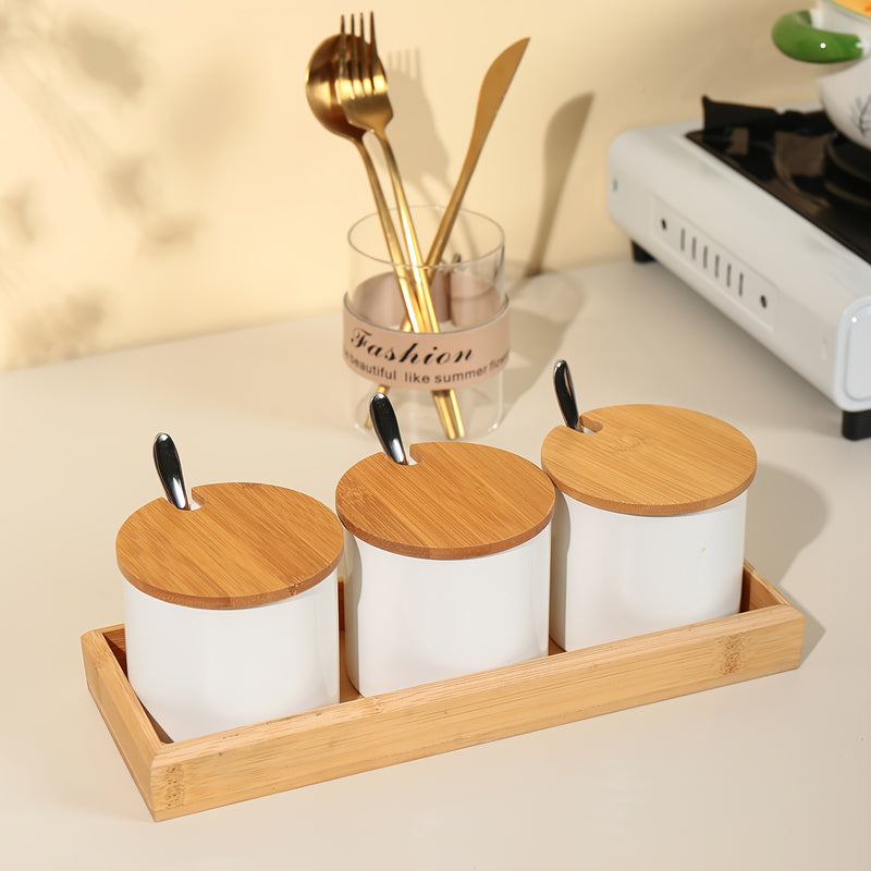 Juego de frascos de especias de almacenamiento de madera con tapas de bambú, contenedores de especias de pimienta, sal y azúcar para encimera de cocina con cucharas, estilo minimalista japonés.