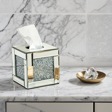 Lujo Caja de Pañuelos de Vidrio con Diamantes Triturados - Exquisito Soporte Cuadrado con Espejo y Cristales Brillantes para Decoración de Baño, Tocador y Mesa - Perfecto para Decoraciones de Halloween y Navidad