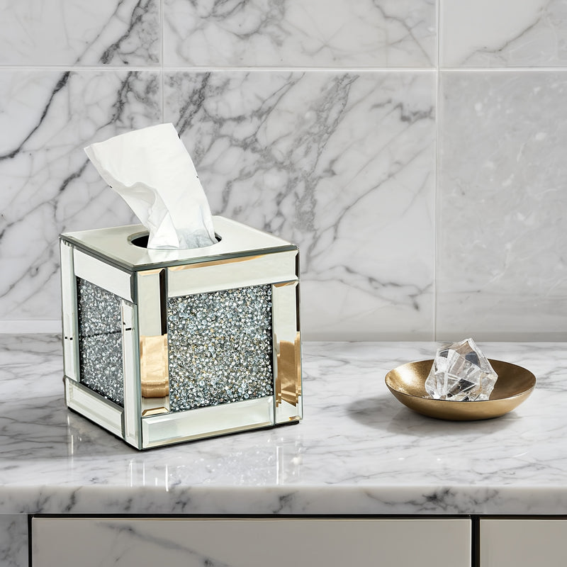 Lujo Caja de Pañuelos de Vidrio con Diamantes Triturados - Exquisito Soporte Cuadrado con Espejo y Cristales Brillantes para Decoración de Baño, Tocador y Mesa - Perfecto para Decoraciones de Halloween y Navidad