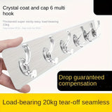 Ganchos de plástico transparente para pared - Fácil instalación, sin perforaciones, adhesivo sin rastro, fila de 6 ganchos para almacenamiento de baño y armario