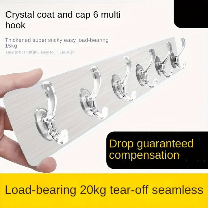 Ganchos de plástico transparente para pared - Fácil instalación, sin perforaciones, adhesivo sin rastro, fila de 6 ganchos para almacenamiento de baño y armario