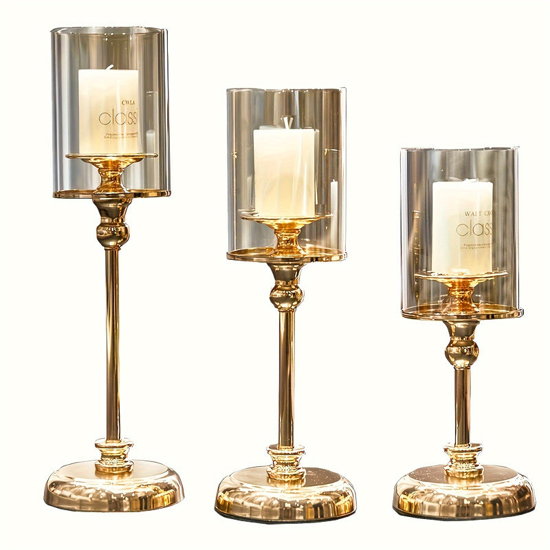 Juego de 3 Portavelas Elegantes de Vidrio y Metal Dorado - Acero Inoxidable, Cena Romántica y Diseño de Mesa para Decoración del Hogar