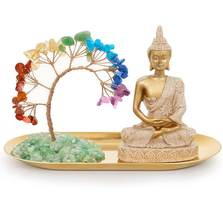 Árbol de cristal de chakras y estatua de Buda, set de decoración para yoga y meditación, árbol del dinero y figura de Buda para hogar, sala de estar, oficina o estante, atrae riqueza y buena suerte