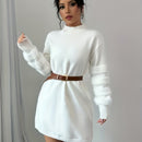 Vestido elegante de cuello alto para mujer, ajustado, midi, lavable a máquina, manga larga, color sólido, con puños acolchados, ideal para primavera/otoño, casual a semiformal, atuendo formal, estilo sofisticado, tejido con textura