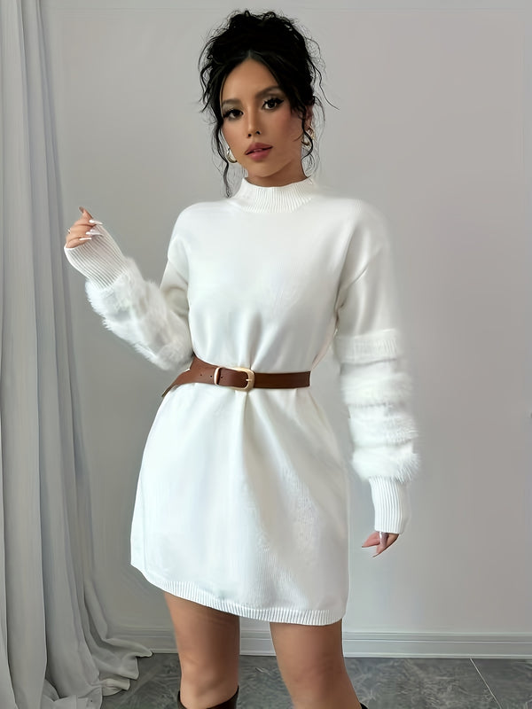 Vestido elegante de cuello alto para mujer, ajustado, midi, lavable a máquina, manga larga, color sólido, con puños acolchados, ideal para primavera/otoño, casual a semiformal, atuendo formal, estilo sofisticado, tejido con textura